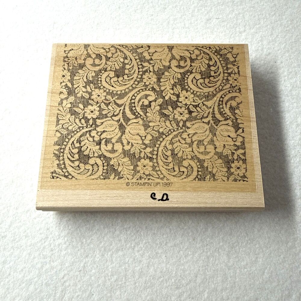 Stampin' Up! 1997 Floral Lace Background Rubber Stamp Vintage Wood Mount Large